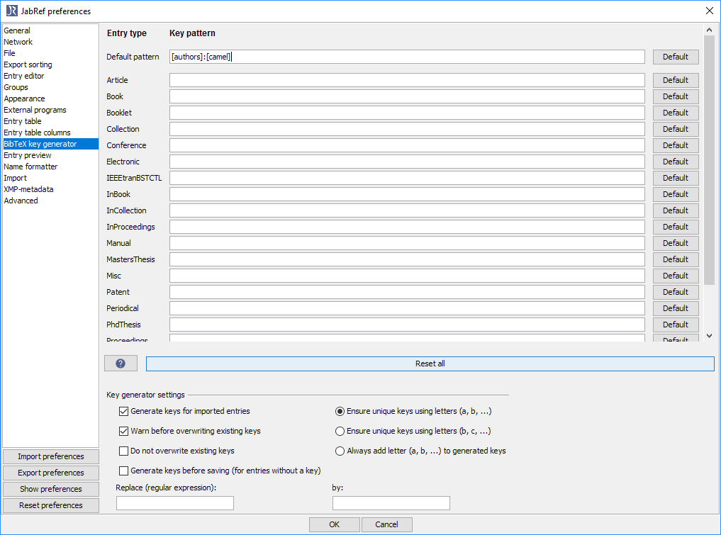 BibTeX key generator preferences - authors camel