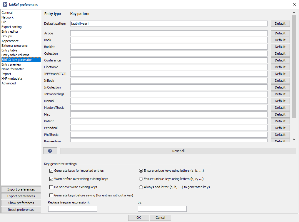 BibTeX key generator preferences