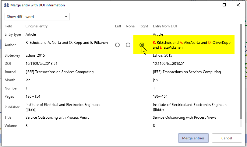 Screenshot of Merge Entries Dialog